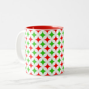 Green and Red Diamond Star Pattern on White Two-Tone Coffee Mug