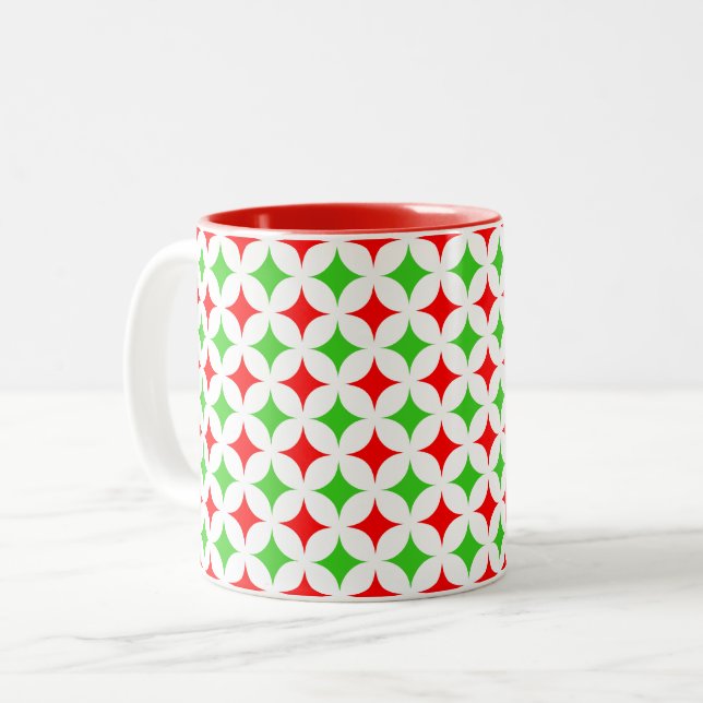 Green and Red Diamond Star Pattern on White Two-Tone Coffee Mug (Front Left)