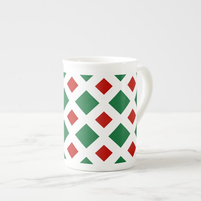 Green and Red Diamonds on White Bone China Mug (Front Right)