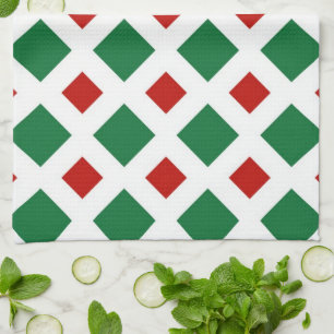 Green and Red Diamonds on White Tea Towel