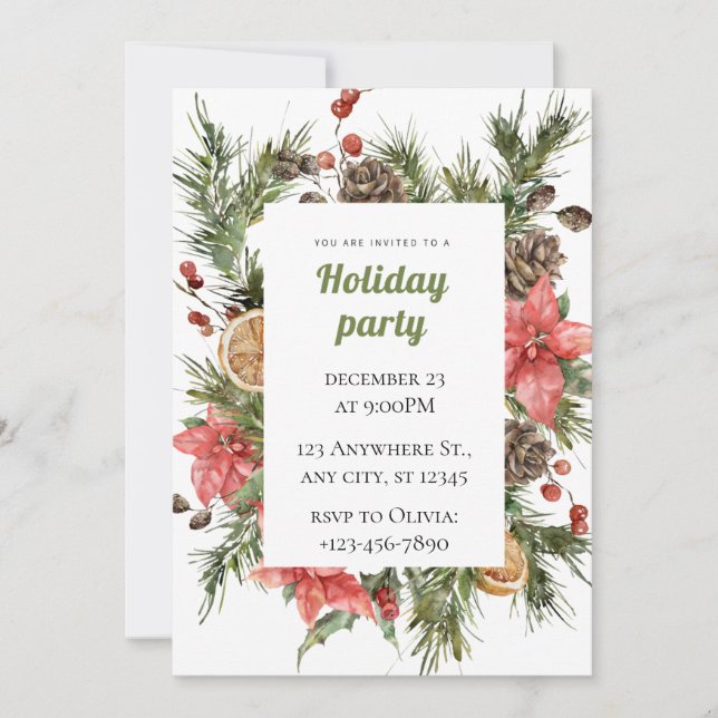 Green And Red Floral Christmas Holiday Party Invitation (Front)