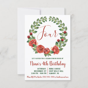 Green and Red Floral Wreath Birthday Invitation
