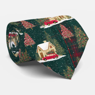 Green And Red Forest Christmas Village Tie