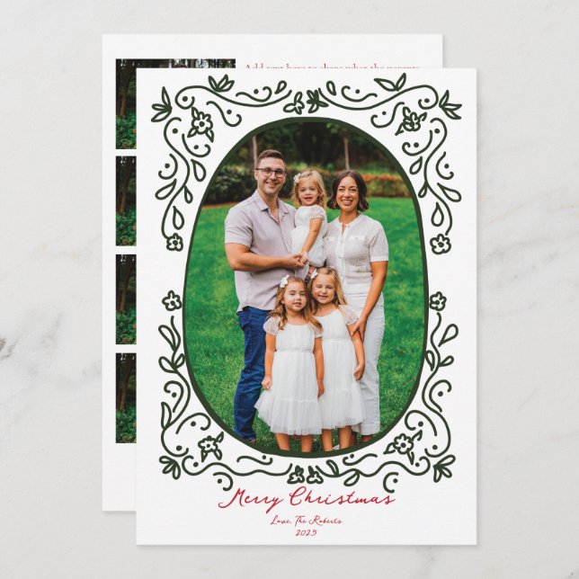 Green and Red Hand Drawn Illustrated Doodle Photo Holiday Card (Front/Back)
