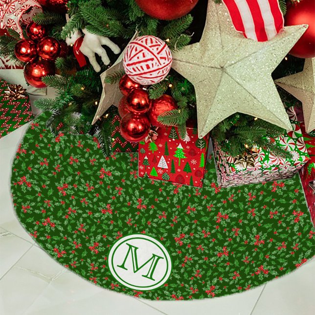 Green and Red Holly Berry Personalised Monogram Brushed Polyester Tree Skirt (Creator Uploaded)