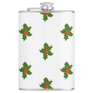 Green and Red Holly Plant Pattern Hip Flask