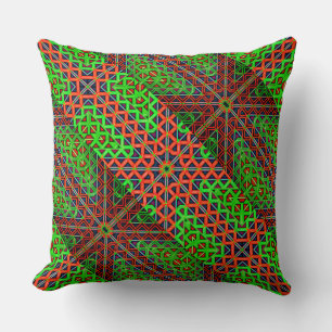 Green and red irregular kaleidoscope of triangles cushion