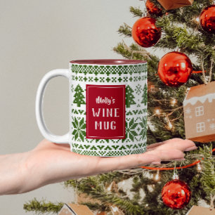 Green and Red Knit Sweater Personalized Wine Mug