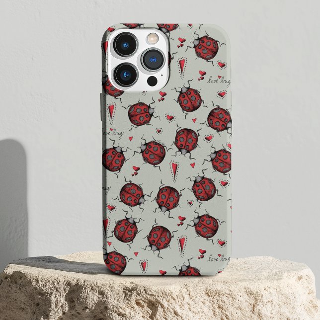 Green and Red Ladybugs Hearts Love Bug Insect Case-Mate iPhone Case (Cute Hand-Drawn Red Ladybugs, Red Hearts & Hand-Written "Love Bug" against a Sage Green Background.)