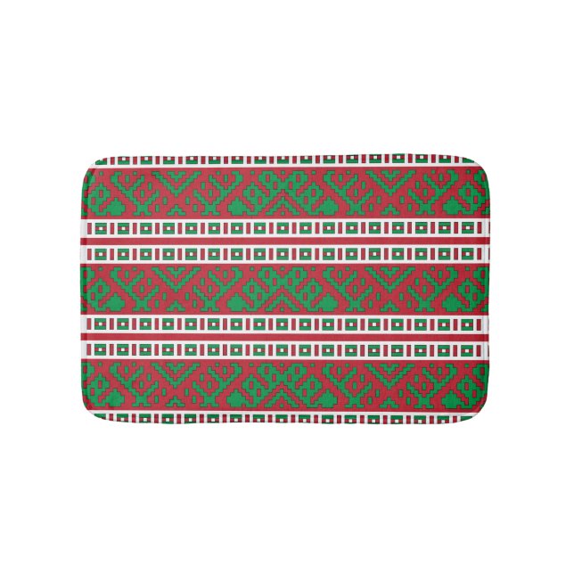 Green and red Latvian Latgale Ethnic Folk art Bath Mat (Front)