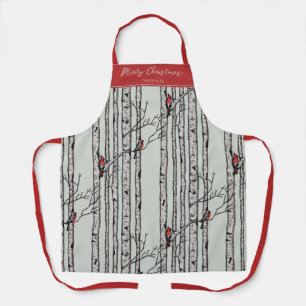 Green and Red Merry Christmas Cardinal Bird Birch Apron