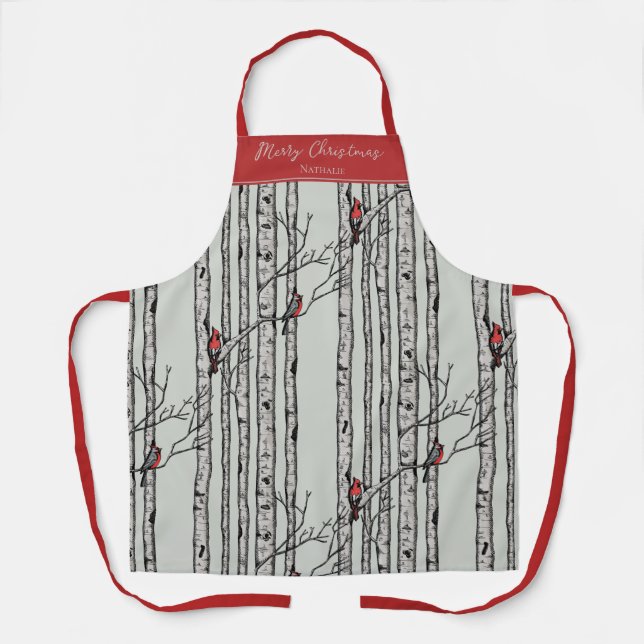 Green and Red Merry Christmas Cardinal Bird Birch  Apron (Front)