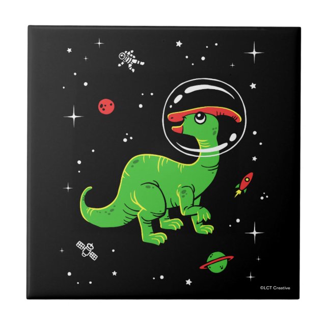 Green And Red Parasaurolophus Dinos In Space Tile (Front)