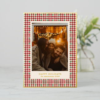 Green And Red Petite Plaid Photo Elegant Foil Holiday Card
