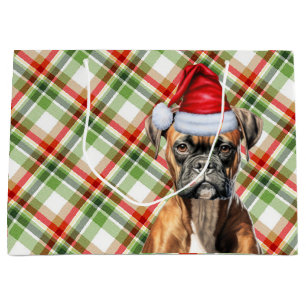 Green and Red Plaid Boxer Dog Lover Holiday Large Gift Bag