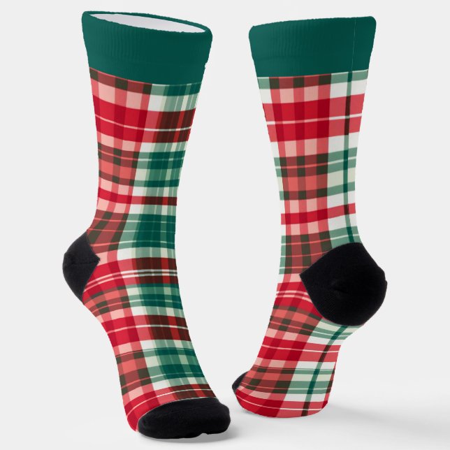 Green and Red Plaid Christmas Socks with Name (Angled)