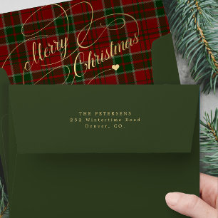 Green and red plaid tartan gold Merry Christmas Envelope