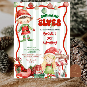 Green and Red Retro Calling All Elves Birthday Invitation
