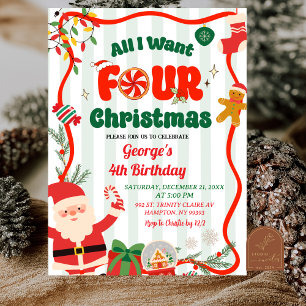 Green and Red Retro Christmas Winter 4th Birthday Invitation