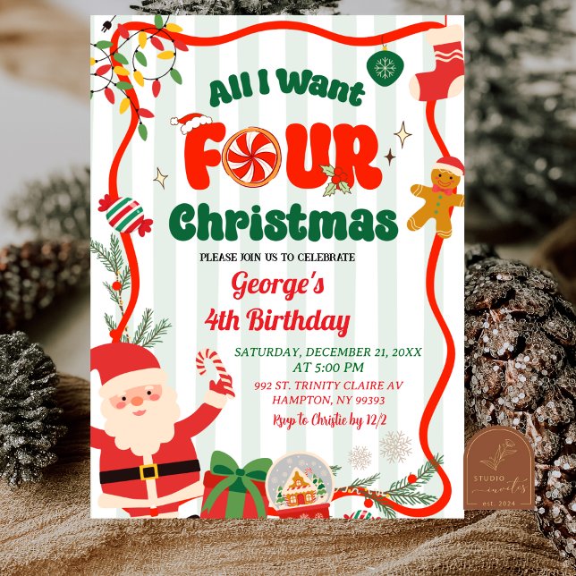 Green and Red Retro Christmas Winter 4th Birthday Invitation (Creator Uploaded)