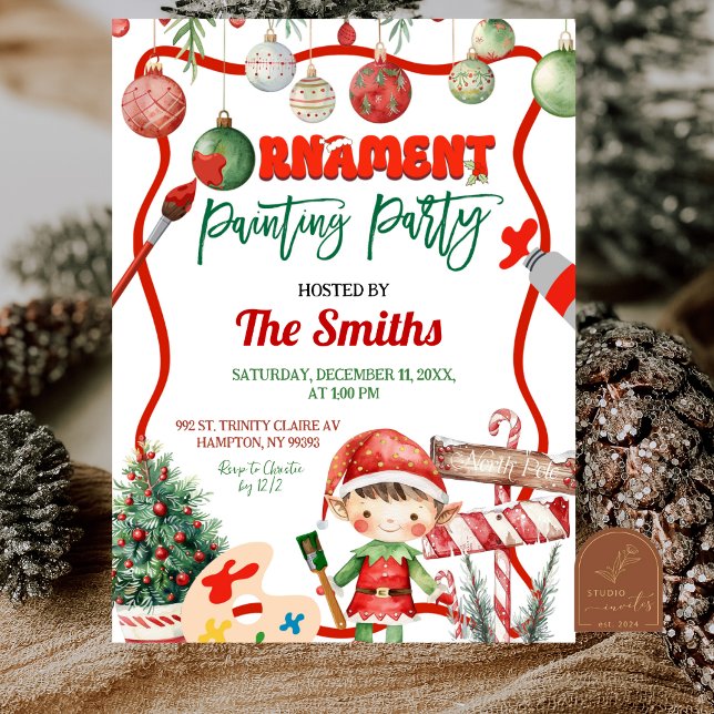Green and Red Retro Kid's Ornament Painting Party Invitation (Creator Uploaded)