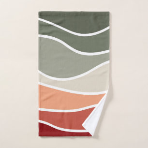 Green and red retro style waves design bath towel set