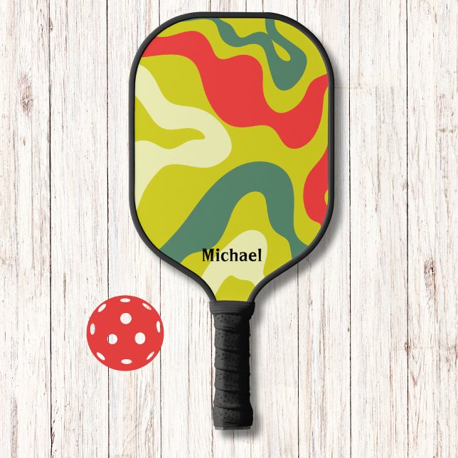 Green and Red Retro Waves Modern Monogram Pickleball Paddle (Creator Uploaded)