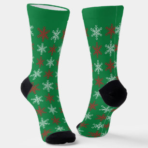 Green and Red Snowflakes Christmas Socks with Name