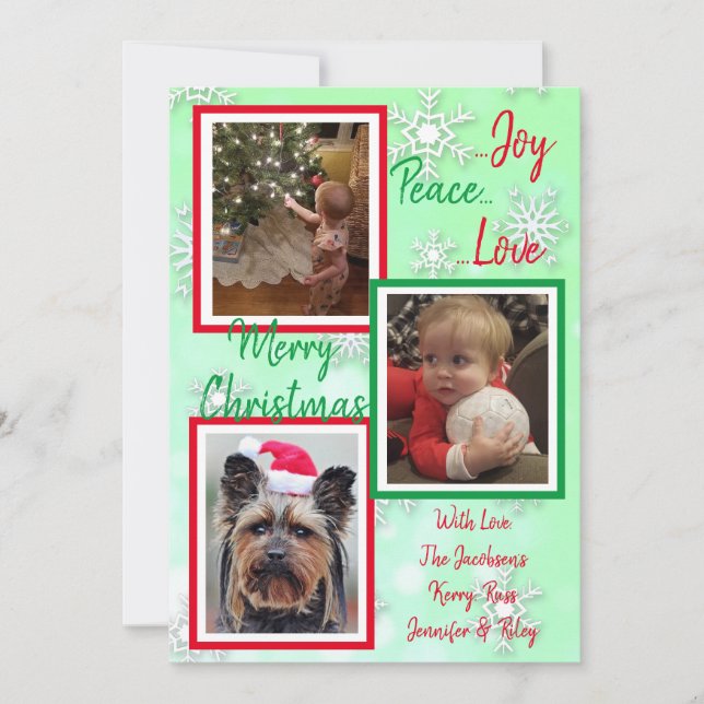Green and Red Snowflakes Family Photos Christmas Invitation (Front)