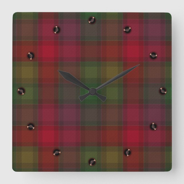 Green and red, tartan square wall clock (Front)