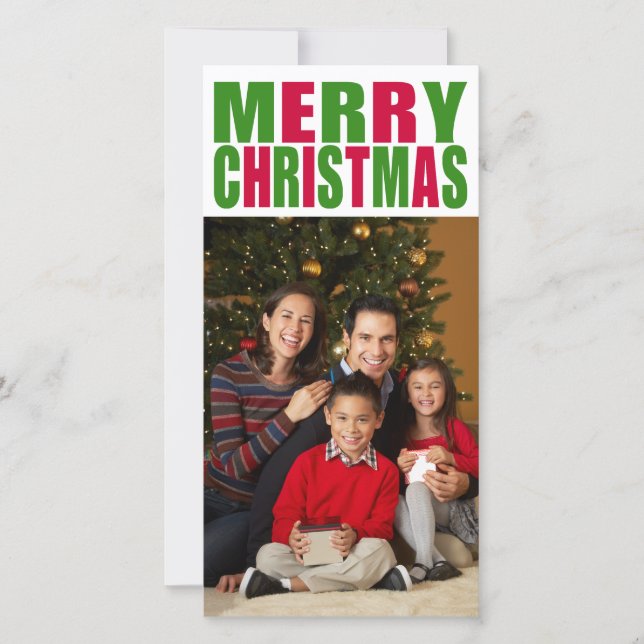 Green and Red Text Merry Christmas Photo Holiday Card (Front)