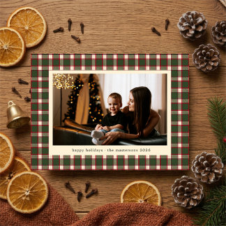 Green And Red Vintage Plaid Photo Elegant Holiday Card