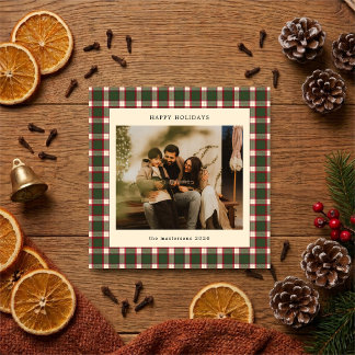 Green And Red Vintage Plaid Photo Elegant Holiday Card