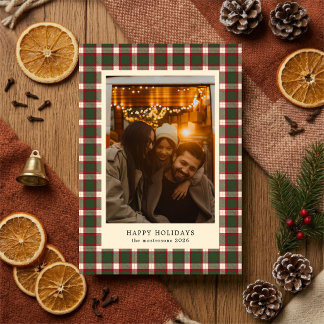 Green And Red Vintage Plaid Photo Elegant Holiday Card