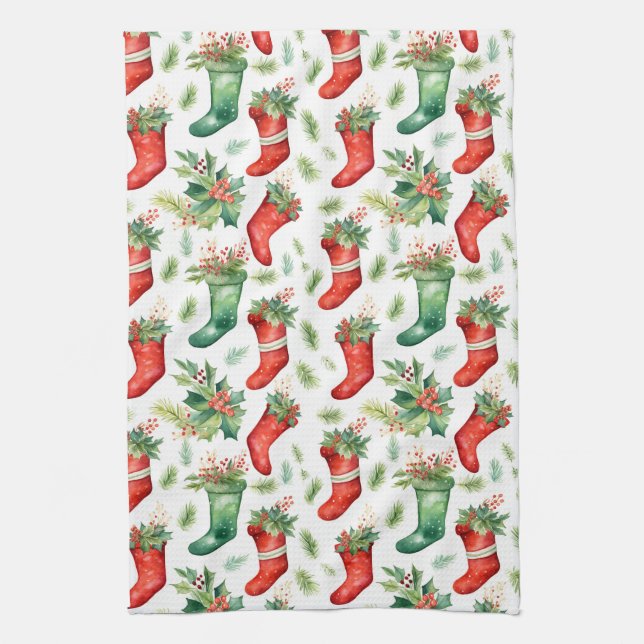 Green and Red Watercolor Christmas Stockings Tea Towel (Vertical)