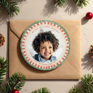 Green and Red Watercolor Fringe Photo Circle Holiday Card
