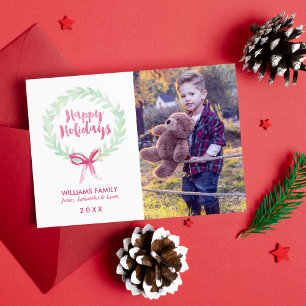 Green and Red Watercolor Wreath Holidays Photo Holiday Card