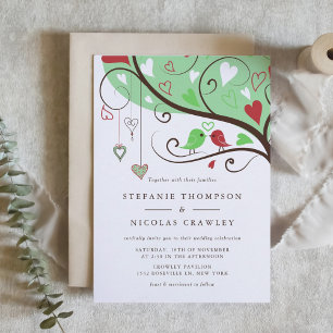 Green and Red Whimsical Lovebirds Wedding Invitation