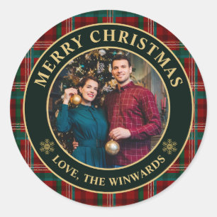 Green and Red Winter Plaid Family Merry Christmas Classic Round Sticker