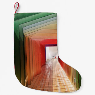 Green and red wooden hallway interior small christmas stocking