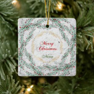 Green and Red Wreath On Marble  Nana Ceramic Ornament