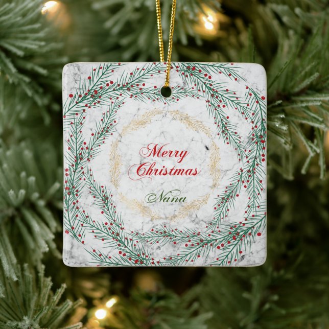 Green and Red Wreath On Marble  Nana Ceramic Ornament (Tree)