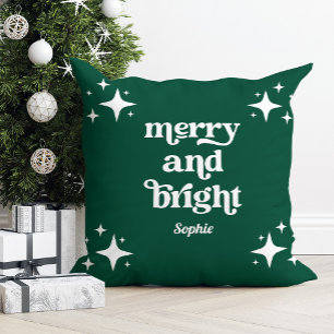 Green and Retro Stars Merry and Bright Christmas Cushion