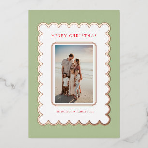 Green and Rose Gold Foil Scallop Christmas Card