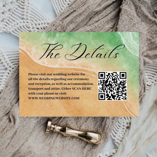 Green and Sand Shore Beach Wedding QR Code Details Enclosure Card (Creator Uploaded)