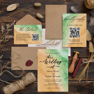 Green and Sand Watercolor Shore  Beach Wedding Invitation