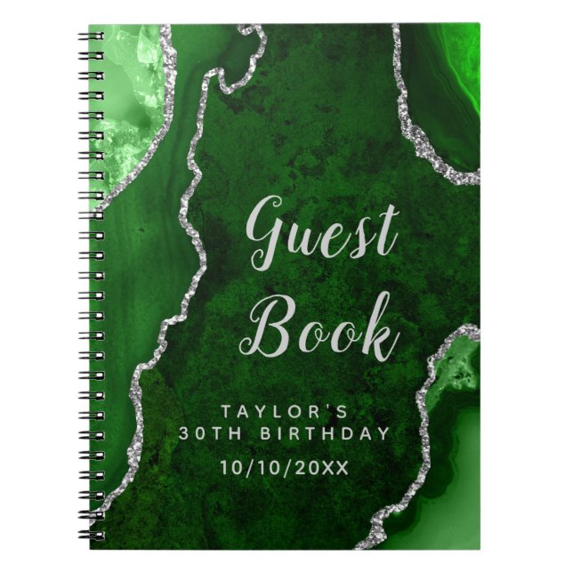 Green and Silver Agate Birthday Guest Book (Front)