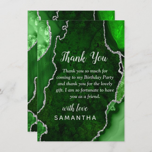 Green and Silver Agate Birthday Party Thank You Card (Front/Back)