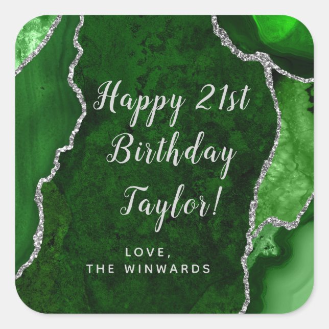 Green and Silver Agate Happy Birthday Square Sticker (Front)