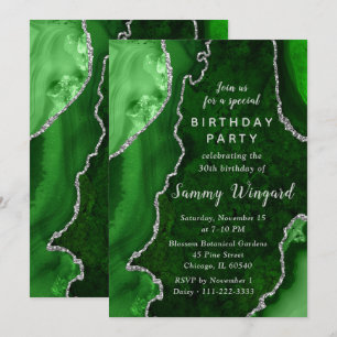 Green and Silver Agate Marble 30th Birthday Party Invitation